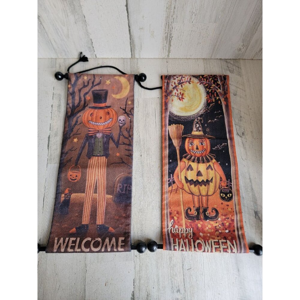 Folk art Halloween welcome pumpkin‎ Banner hanging sign decor set